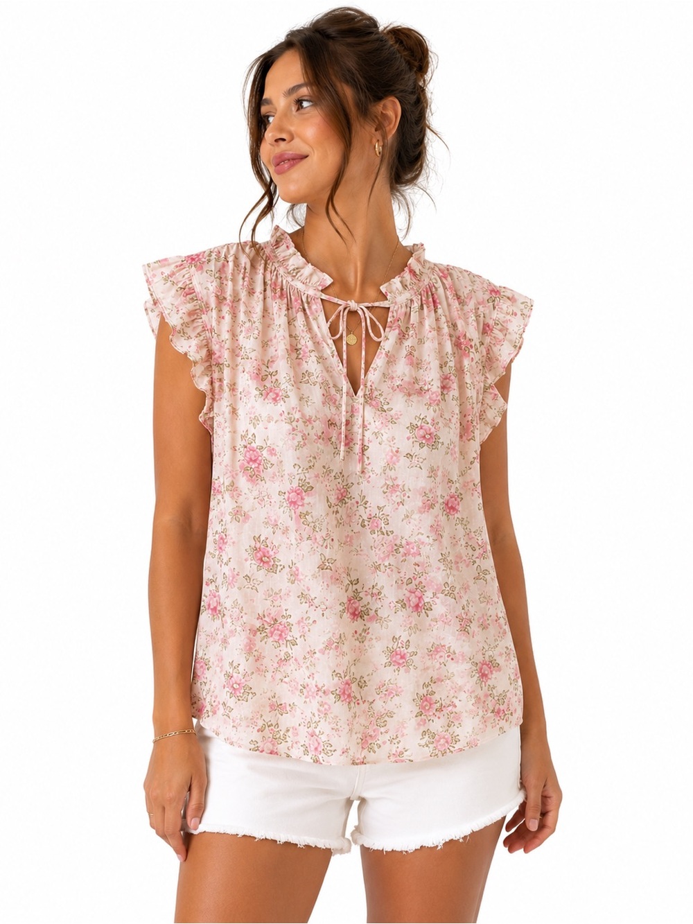 Maison d’Amélie Paris Floral Ruffle Flutter Sleeve Tie Neck Blouse Size S